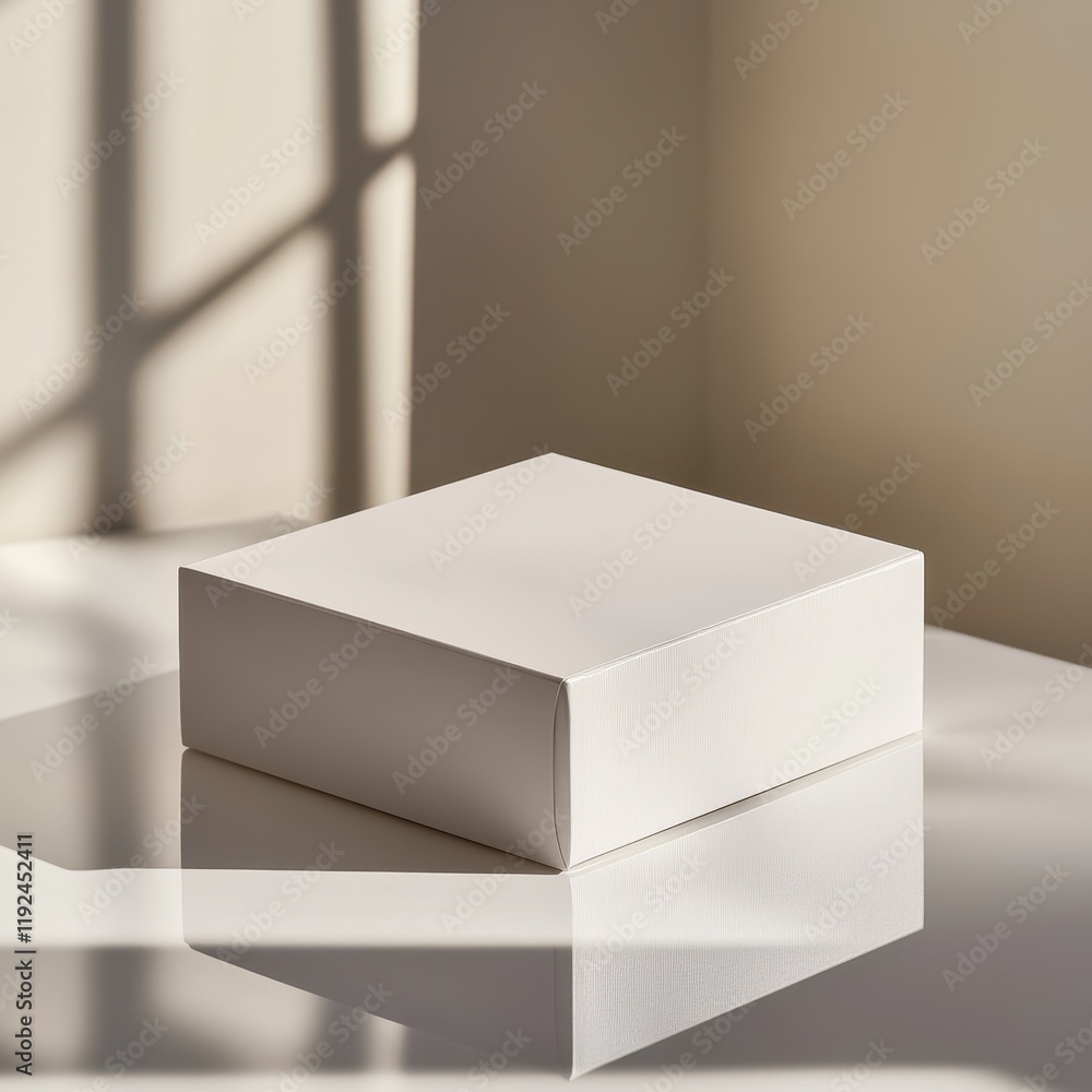 Poster minimalist white square box on reflective surface with shadow patterns, clean product mockup.