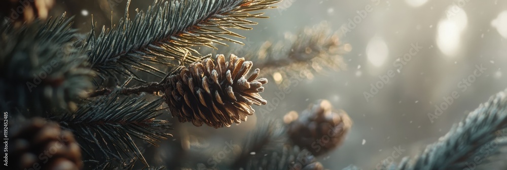 Poster frosty pine cone and needles with bokeh snowfall background