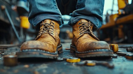 Worn leather boots, close-up view, detail of craftsmanship, worker's footwear, industrial setting, blue jeans, rugged, durable.
