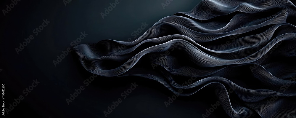 Poster cloudy abstract background concept. elegant flowing black fabric on a dark background, showcasing te