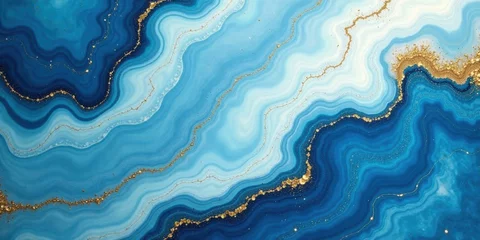 Abstract Blue and Gold Swirling Fluid Art Background Texture with Glittering Accents