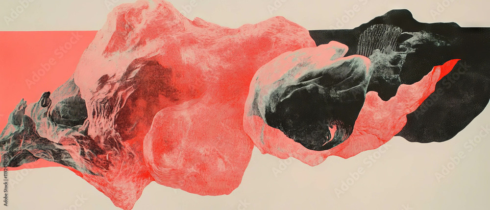 Poster Exploration of etching techniques and textured forms in dynamic composition