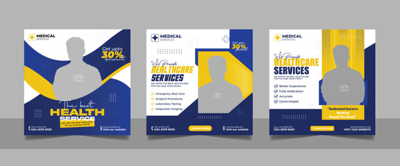 Medical healthcare service social media post doctor consultation square banner, hospital clinic diagnostic center business promotion design web template set