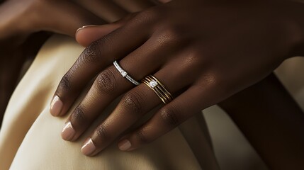 A woman is holding her hand up with a ring on it