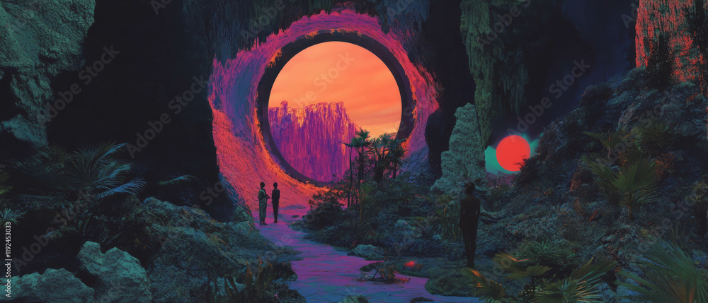Poster fusion of nature and technology creating a psychedelic landscape at twilight