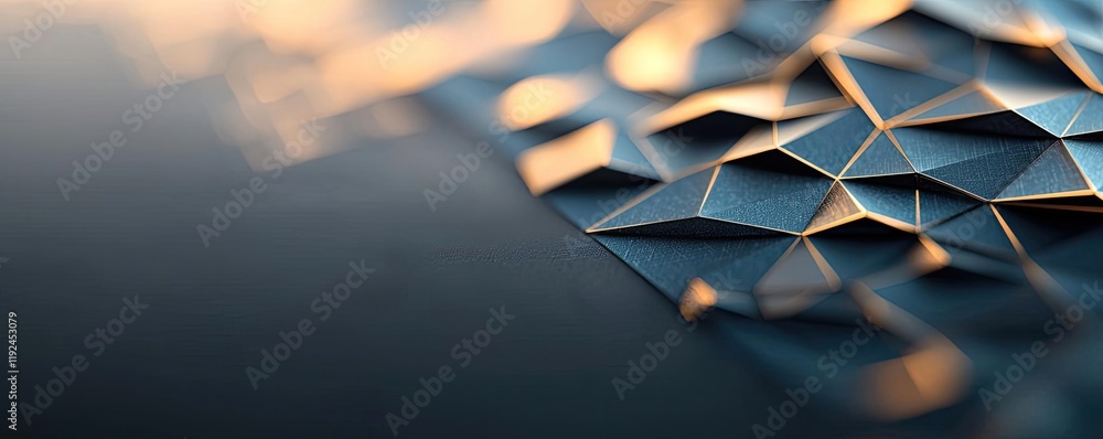 Poster Triangle abstract background concept. Abstract close-up of textured geometric pattern with a metallic sheen and warm lighting.