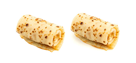 Stuffed pancakes, Eastern European rolled crepe, pancakes filled with meat, thin blini, stuffed rolls pile