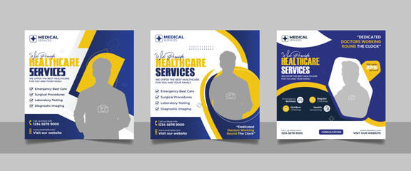 Medical healthcare service social media post doctor consultation square banner, hospital clinic diagnostic center business promotion design web template set