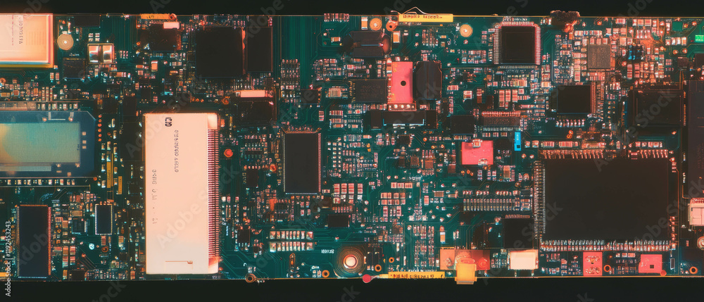 Poster Exploring detailed computer circuits and microchips within electronic components