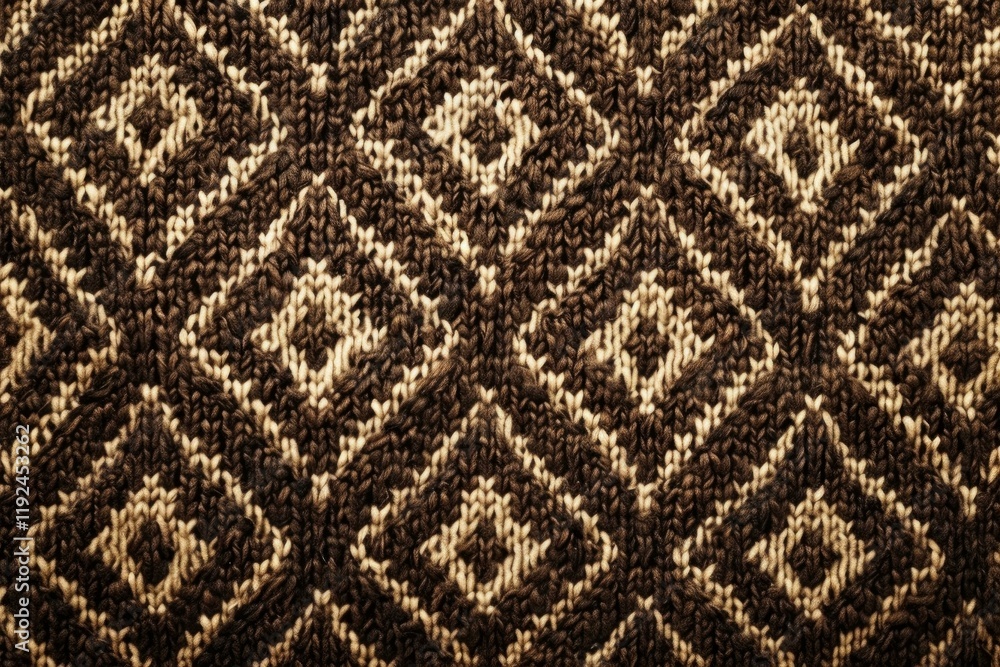 Poster close up view of brown and beige knitted fabric revealing an intricate diamond pattern, creating a t