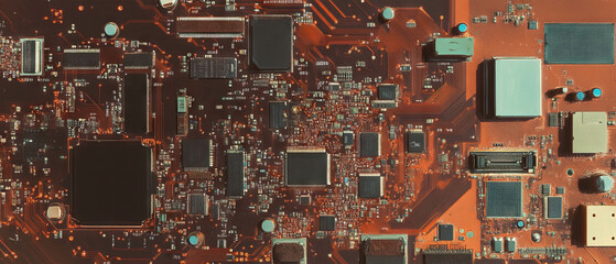 Intricate layout of computer circuits and microchips showcasing advanced technology design