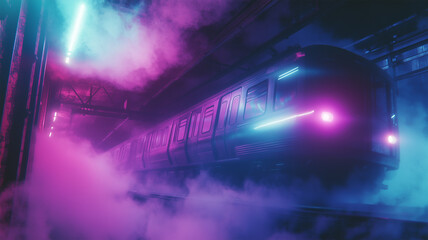 スモークに包まれた電車とサイバーパンク風の光の幻想的な風景