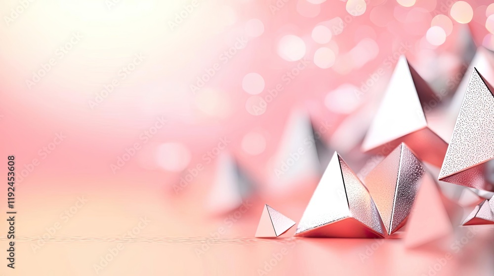 Poster Triangle abstract background concept. Abstract geometric shapes in silver against a soft pink background with bokeh effect.