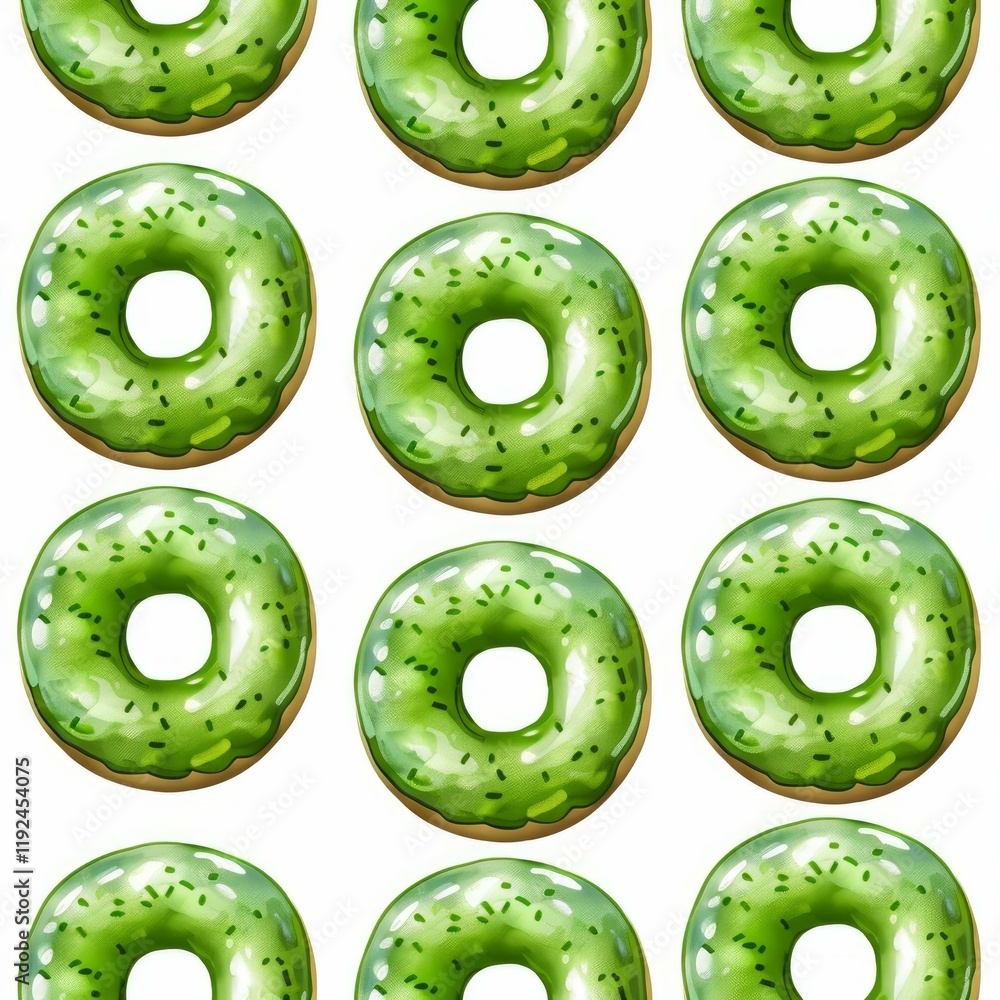 Poster seamless pattern of appetizing matcha donuts with green glaze and sprinkles, creating a delightful a