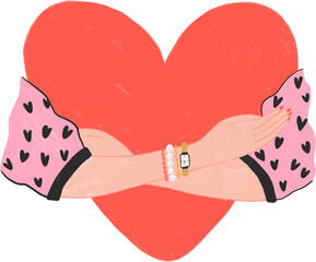 Vanelnine's Day Illustration, Two arms hug a big red heart