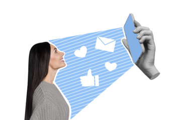 Composite collage portrait of cheerful girl look big arm black white colors hold telephone receive message like notifications