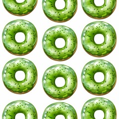 Fototapeta premium Seamless pattern of appetizing matcha donuts with green glaze and sprinkles, creating a delightful and tempting design