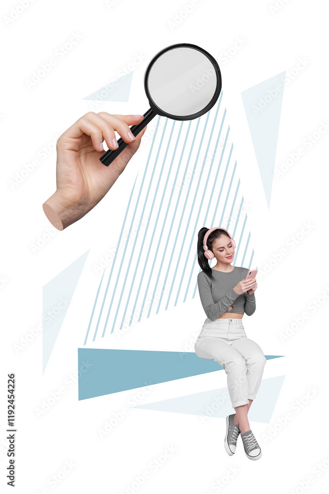 Aufkleber creative 3d photo artwork graphics painting of arm watching magnifier smiling happy lady typing mode