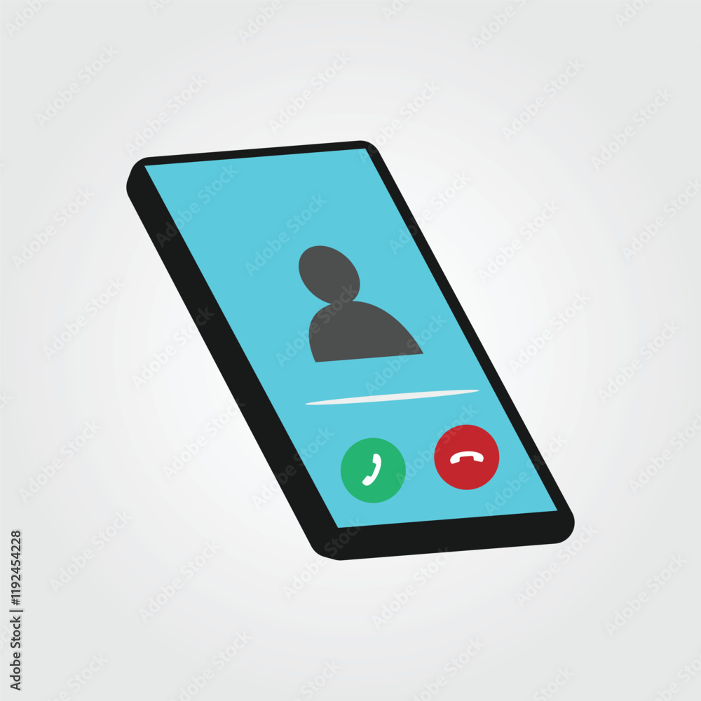 Poster an angled illustration of a smartphone screen showing an incoming call interface. the screen is ligh