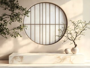 3D rendering of a podium with white marble and a beige background, featuring Chinese New Year elements, a circular window frame, and green leaf decorations. 