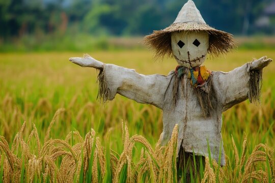 A lone scarecrow stands tall in a green field, its straw hat and ragged clothes blending with the surrounding landscape