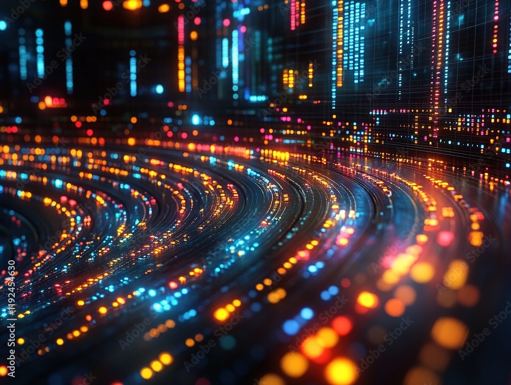 Poster glowing data streams flow on circuit board, city backdrop