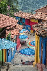 Umbrellas along the sidewalk, bright colors and fun design
