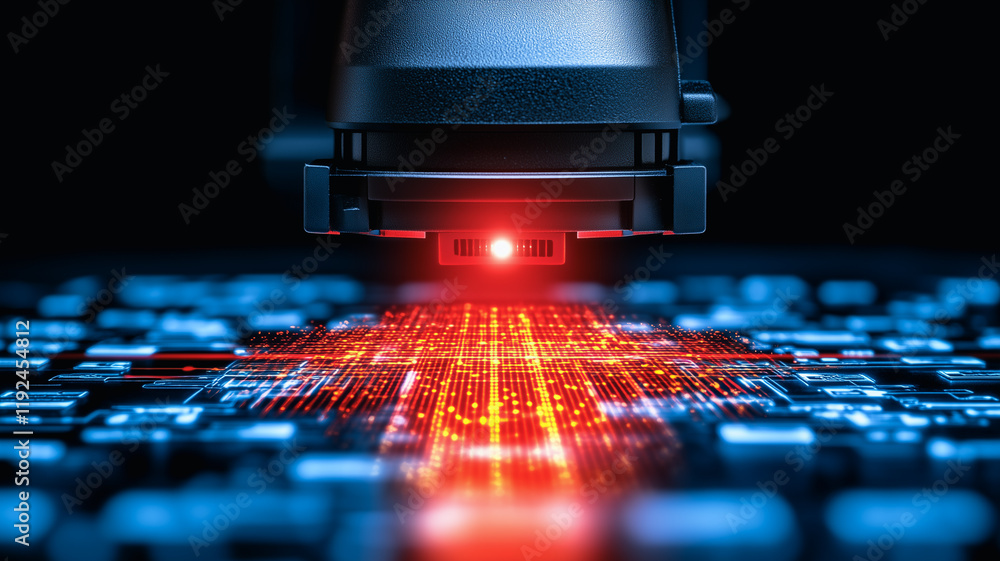 Poster precision laser etching: a close-up shot reveals a laser etching process on a circuit board, showcas
