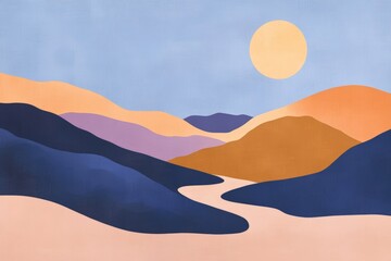 Abstract landscape artwork featuring rolling hills, a large sun, and a serene color palette of warm and cool tones, ideal for modern decor and design projects.