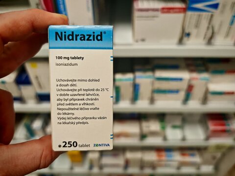 Prague,Czech republic-January 12 2025:Nidrazid-isoniazidum active subscante by ZENTIVA is an antibiotic used for the treatment of tuberculosis pharmacy store,Czechia Europe	
