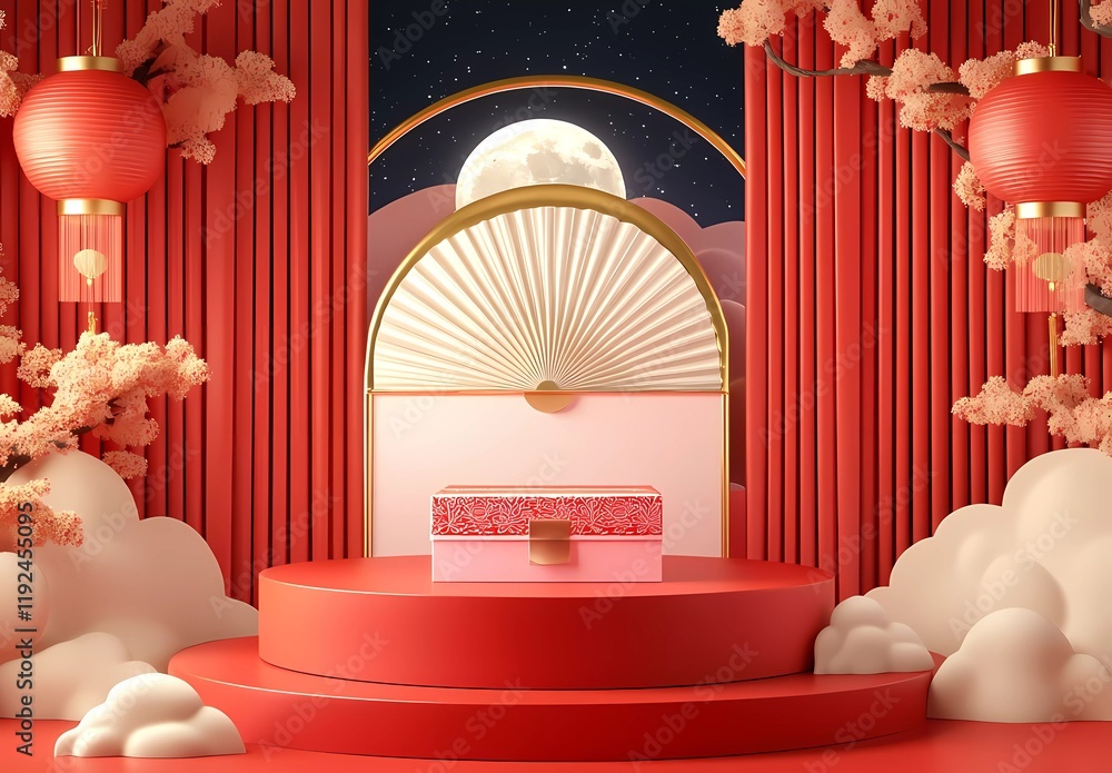 Poster 3d rendering of an empty product display podium with a chinese new year background, featuring a red 