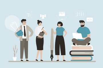 Project development engineer team, developers. Code development, group of programmers and designers. Developers team with tools. Software engineering, business people talking.