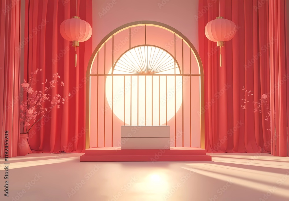 Poster 3d rendering of an empty product display podium with a chinese new year background, featuring a red 