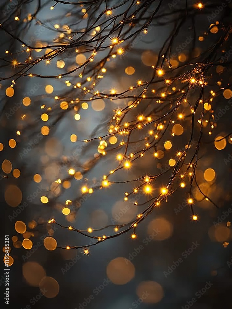 Poster glowing fairy lights on tree branches at dusk with bokeh background