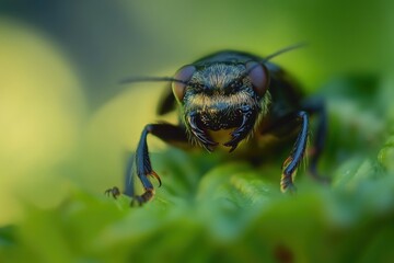 A single bee sits on the edge of a green leaf, surrounded by natural beauty