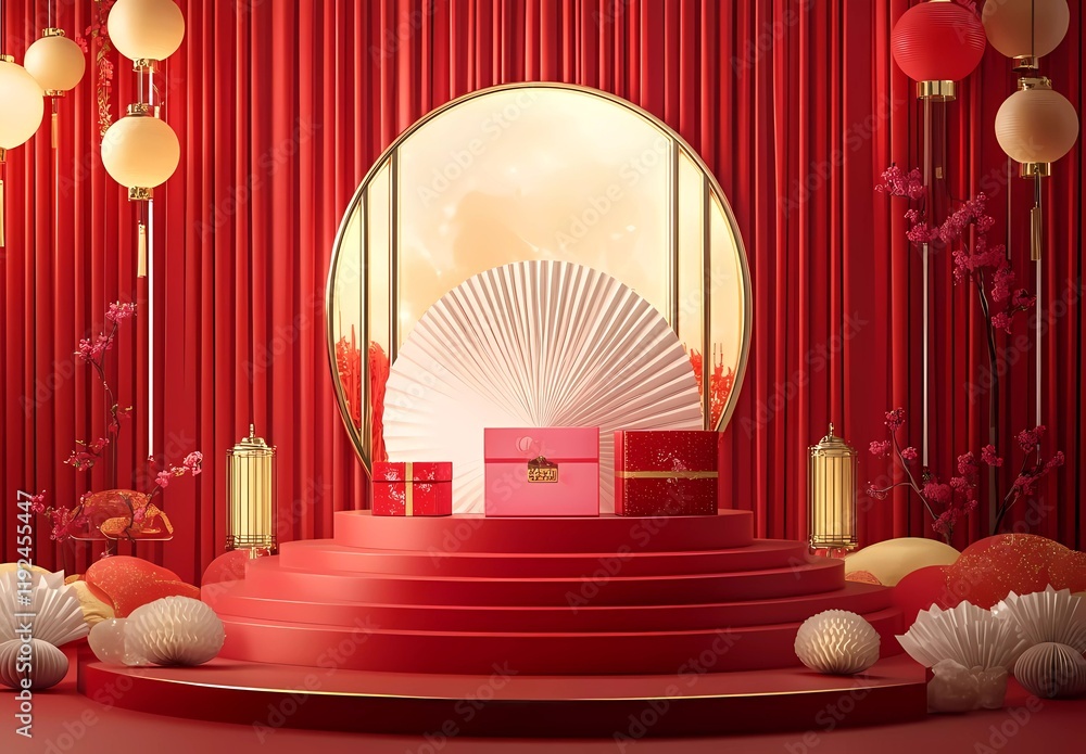 Poster 3d rendering of an empty product display podium with a chinese new year background, featuring a red 