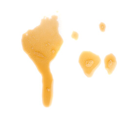 Spilled soda isolated, soft drink puddle, liquid stain, beer splatter, brown sparkling water with bubbles
