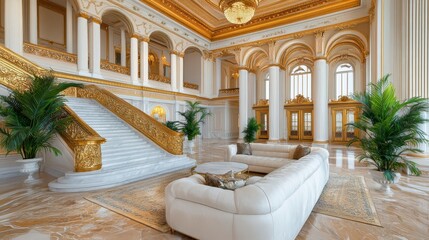 Elegant Luxury Lobby with Grand Staircase and Decorative Plants
