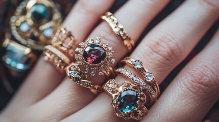 A hand is holding a variety of rings, including a blue one