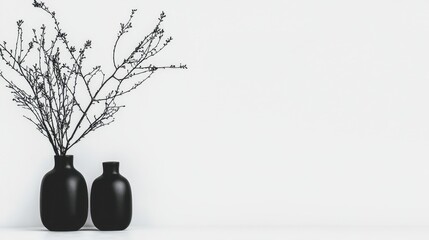 Minimalist black vases with dried branches on white background
