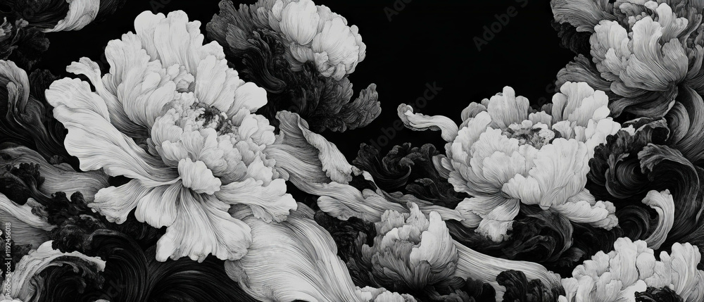 Poster Delicate line art featuring intricate floral patterns and refined details on a dark background