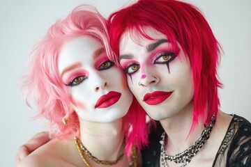 Two people with bright pink hair and makeup posing together