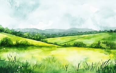 Naklejka premium Serene Watercolor Landscape of Rolling Green Hills and Cloudy Sky.