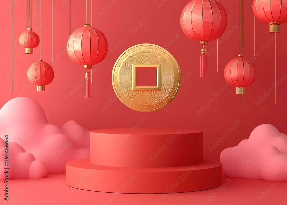 Poster a golden coin with an open square in the middle stands on top of a red circular podium, surrounded b