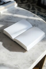 A classic scene with an open book resting on a marble table, perfect for academic or educational settings