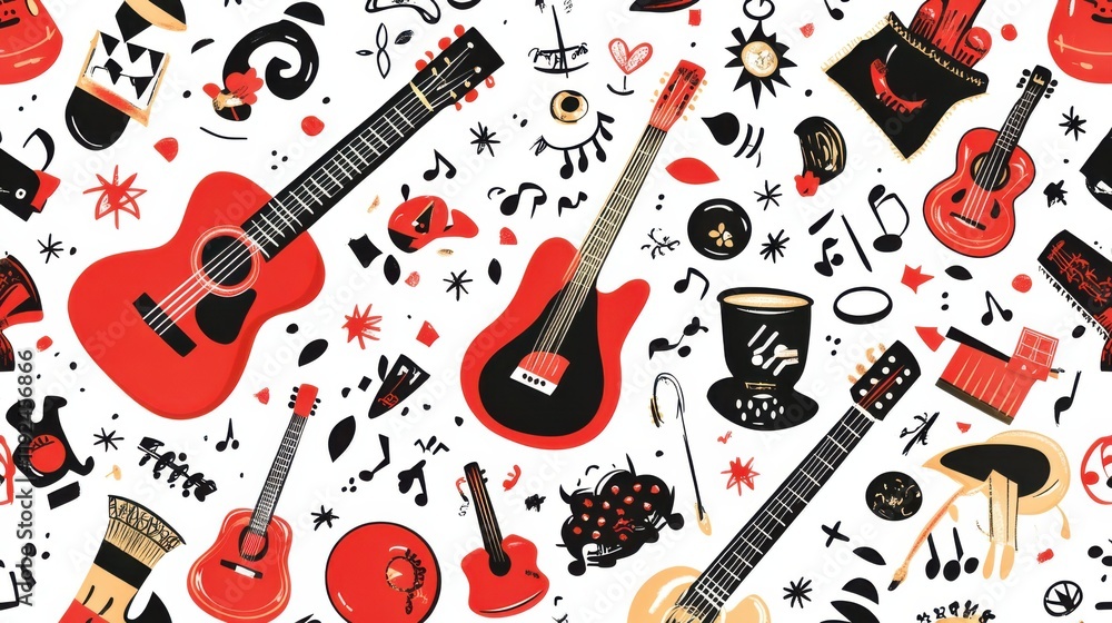 Poster vibrant and creative seamless pattern featuring musical instruments and elements in bold colors, ide