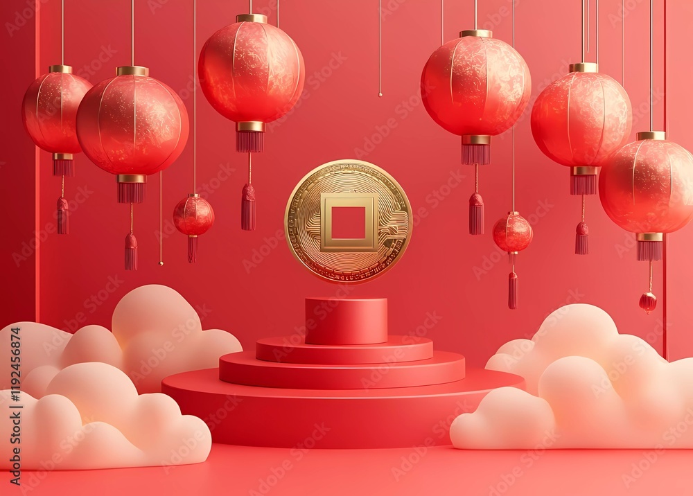Poster a golden coin with an open square in the middle stands on top of a red circular podium, surrounded b