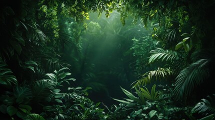 Lush Tropical Rainforest Canopy with Sunlight Streaming Through Leaves.