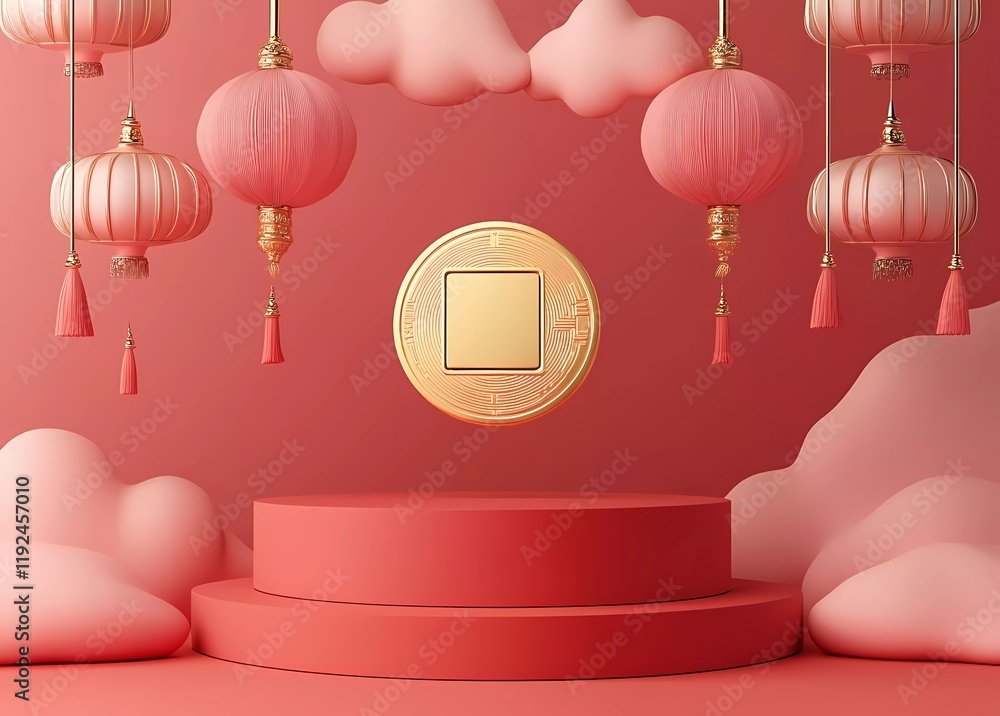 Poster a golden coin with an open square in the middle stands on top of a red circular podium, surrounded b