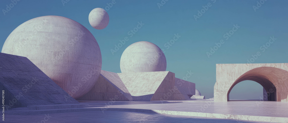 Poster grand architectural design featuring domes and spherical shapes in a serene landscape